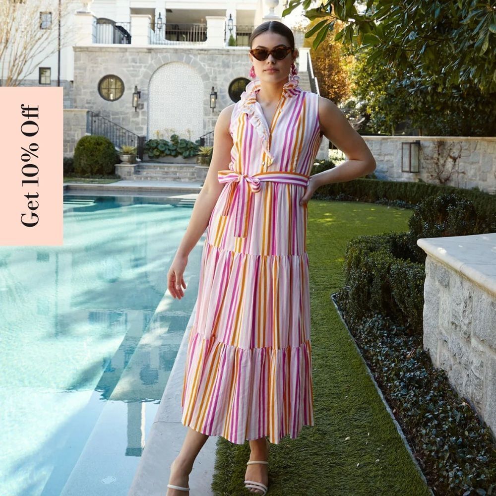 20 295.00 ABBEY GLASS Sadie Sleeveless Maxi Dress Pink Striped Linen Size LARGE